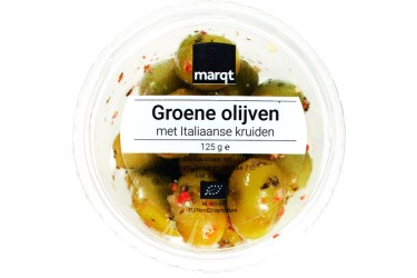 Biologische Groene Olijven Italiaanse kruiden (Marqt, 125 gram)
